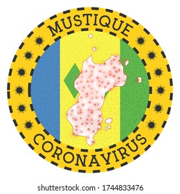 Coronavirus in Mustique sign. Round badge with shape of Mustique. Yellow island lockdown emblem with title and virus signs. Vector illustration.