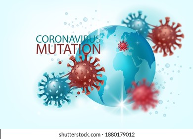 Coronavirus mutation vector background with COVID-19 molecules, globe, world map. Virus prevention, pandemic or medical research banner with microscopic disease images. UK, Europe coronavirus mutation