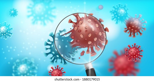 Coronavirus mutation vector background with COVID-19 molecules on blue under magnifier. Medical research or pandemic virus prevention banner with microscopic disease images. UK coronavirus mutation