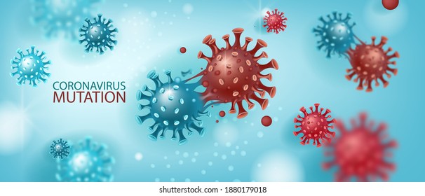 Coronavirus mutation vector background with disease molecules on blue. Medical research or pandemic virus prevention banner with COVID-19 abstract images under microscope. Europe coronavirus mutation