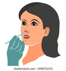 Coronavirus Nasal Testing. Beautiful Young Woman Getting Her PCR. Cartoon Vector Illustration