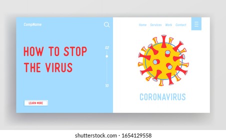 Coronavirus Ncov Website Landing Page. Dangerous Cell, Epidemic Disease Huge Microbe. Pandemic Mers-cov Bacteria Warning Infographics Web Page Banner. Cartoon Flat Vector Illustration, Line Art