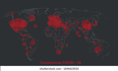 Coronavirus NCov-2019, COVID - 2019 World Map With Red Circles Vector Flat Illustration. Dark Background Concept 