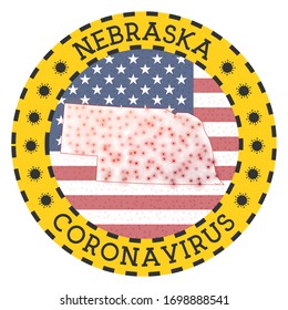 Coronavirus in Nebraska sign. Round badge with shape of Nebraska. Yellow US state lockdown emblem with title and virus signs. Vector illustration.