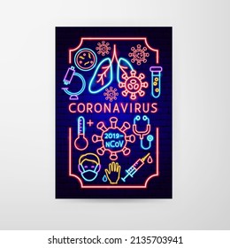 Coronavirus Neon Flyer. Ilustración vectorial de la promoción de pandemias.