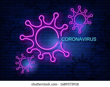 Coronavirus neon icon, COVID-19 coronaviruses concept resposible for asian flu outbreak and coronaviruses influenza as dangerous flu strain cases as a pandemic. Vector isolated on wall background