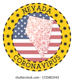 Coronavirus in Nevada sign. Round badge with shape of Nevada. Yellow US state lockdown emblem with title and virus signs. Vector illustration.