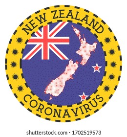 Coronavirus in New Zealand sign. Round badge with shape of New Zealand. Yellow country lock down emblem with title and virus signs. Vector illustration.