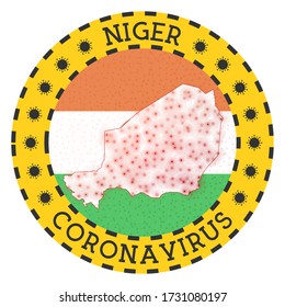 Coronavirus in Niger sign. Round badge with shape of Niger. Yellow country lock down emblem with title and virus signs. Vector illustration.