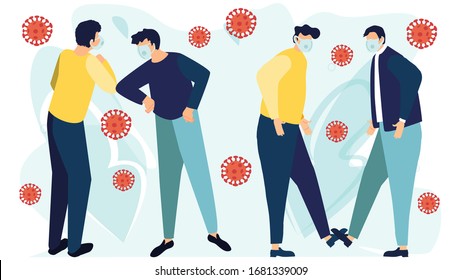 Coronavirus. Non-Contact Greetings during the COVID-19 period. Elbow bump. Foot tap. New novel greeting to avoid the spread of coronavirus. Flat vector illustration.