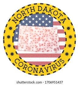 Coronavirus in North Dakota sign. Round badge with shape of North Dakota. Yellow US state lockdown emblem with title and virus signs. Vector illustration.