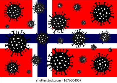 Coronavirus in Norway. Coronavirus danger. Novel coronavirus (2019-nCoV), Abstract virus strain model. Coronavirus on the background of the flag of Norway