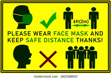 coronavirus notice sign with flat design icons and text please wear face mask and keep safe distance on yellow background,vector illustration