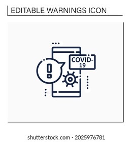 Coronavirus Notification Line Icon. Pandemic Covid19. Exclamation Point On Phone. Reminder. Warnings Concept.Isolated Vector Illustration.Editable Stroke