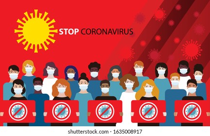 Coronavirus. Novel coronavirus 2019-nCoV in China. People in white medical face mask with a stop sign on red background. Virus quarantine. MERS-Cov. East respiratory syndrome. Vector flat illustration