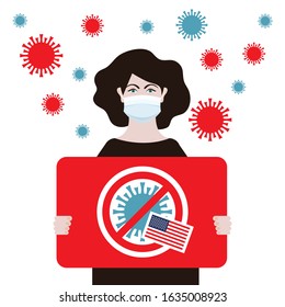 Coronavirus. Novel coronavirus (2019-nCoV)  in China. Woman in white medical face mask with a stop sign. Concept of coronavirus quarantine vector illustration. MERS-Cov middle East respiratory syndrom