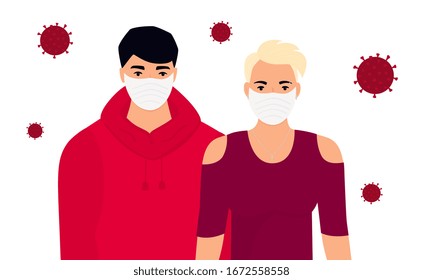 Coronavirus. Novel virus 2019-nCoV. Concept of quarantine, prevent infection. Man and woman in protective medical face masks.