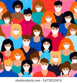 Coronavirus. Novel virus 2019-nCoV. Concept of quarantine, prevent infection. Group of people in white protective masks seamless pattern.