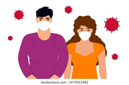 Coronavirus. Novel virus 2019-nCoV. Concept of quarantine, prevent infection. Man and woman in protective medical face masks.