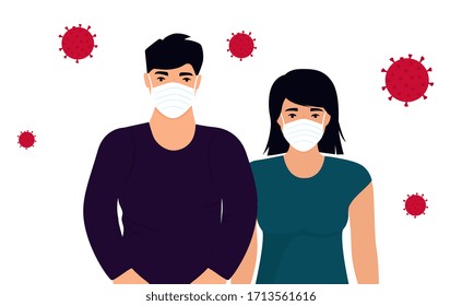 Coronavirus. Novel virus 2019-nCoV. Concept of quarantine, prevent infection. Man and woman in protective medical face masks.