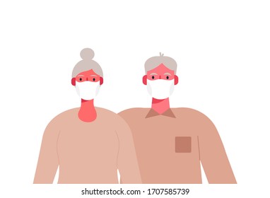 Coronavirus. Novel virus 2019-nCoV. An elderly couple in masks on their faces. Protection of old people, parents, grandparents. Stay at home concept. Flat cartoon vector illustration