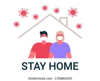 Coronavirus. Novel virus 2019-nCoV. Joven pareja con máscaras blancas en la cara. La gente se queda en casa: aislamiento, protección, prevención, lucha. Ilustración vectorial de caricatura plana