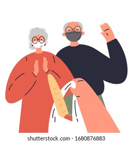 Coronavirus. Novel virus 2019-nCoV.Delivery of food to old couple in protective masks.Caring for people at risk.Concept of coronavirus quarantine vector illustration.Flat cartoon colorful character