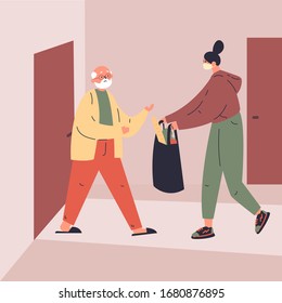 Coronavirus. Novel virus 2019-nCoV.Delivery of food to old man.A young woman helps an elderly neighbor.Caring for people at risk.Concept of coronavirus quarantine vector illustration.Flat character