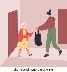 Coronavirus. Novel virus 2019-nCoV.Delivery of food to old woman.A young woman helps an elderly neighbor.Caring for people at risk.Concept of coronavirus quarantine vector illustration.Flat character