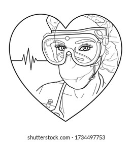 Coronavirus Nurse Wearing Personal Protective Equipment In A Heart, Vector Line Illustration