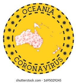 Coronavirus in Oceania sign. Round badge with shape of Oceania. Yellow continent lock down emblem with title and virus signs. Vector illustration.