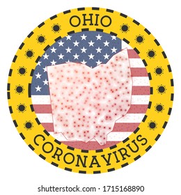 Coronavirus in Ohio sign. Round badge with shape of Ohio. Yellow US state lockdown emblem with title and virus signs. Vector illustration.