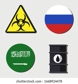 Coronavirus, oil crisis, Russia vs Saudi Arabia-set of flat icons. The global crisis of 2020- the fall in the price per barrel under the influence of a biological threat. Stock illustration.