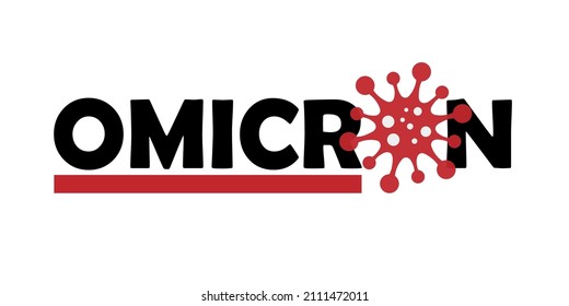 Coronavirus omicron variant. Typography with red virus icon and red stripe. 