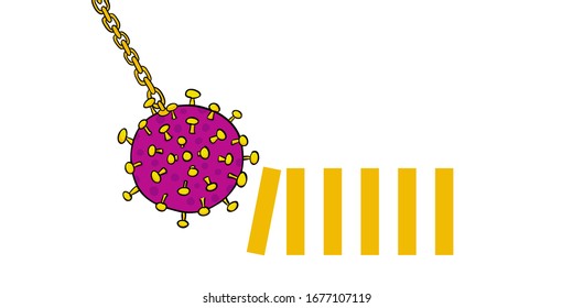 Coronavirus On A Chain Pushing The First Domino Triggering A Chain Reaction Like A Wrecking Ball - For Corona Crisis, Spread Infection, Market Crash, Crash, Shutdown, Breakout, Meltdown