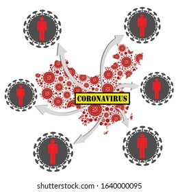 Coronavirus on China map background. 2019-nCoV Flu spreading of world, China map, human icon, arrow, floating virus cells. Dangerous chinese corona virus, pandemic risk alert