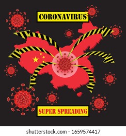 Coronavirus on China map background. covid-19 Flu spreading with super spreading, Coronavirus text, China map, arrow, floating virus cells. Dangerous chinese corona virus, pandemic risk alert