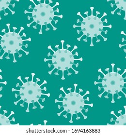 Coronavirus sobre un fondo verde sin fisuras. Ilustración de material vectorial.