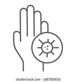 Coronavirus auf der Hand Dünnliniensymbol, Waschen und Hygiene, Viruszeichen auf der Hand, Grafiken auf der Vektorillustration, ein lineares Muster auf weißem Hintergrund, eps10