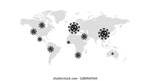 Coronavirus on on the world map in China, Europe, USA, Africa, Australia and in many other countries
