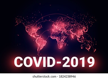 coronavirus on world map. world covid pandemic. Vector background illustration. Text: covid 2019