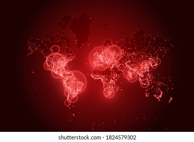 Coronavirus On World Map. World Covid Pandemic. Vector Background Illustration. Red Neon Infographics Map. Abstract Global Design