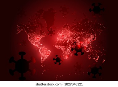 Coronavirus On World Map. World Covid Pandemic. Vector Background Illustration. Red Neon Infographics Map. Abstract Global Design