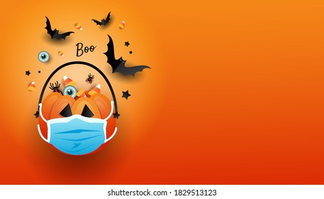 Coronavirus orange srdf bag in a medical mask with striped sweets and bats on an orange background