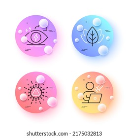 Coronavirus, Organic tested and Stress minimal line icons. 3d spheres or balls buttons. Vaccination appointment icons. For web, application, printing. Covid warn, Bio ingredients, Mind anxiety. Vector