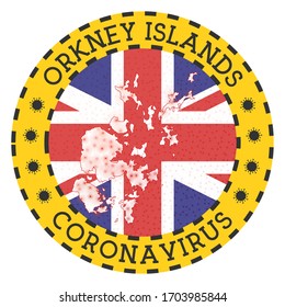 Coronavirus in Orkney Islands sign. Round badge with the shape of Orkney Islands. Yellow island lockdown emblem with title and virus signs. Vector illustration.