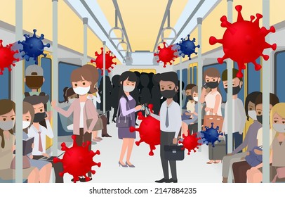 Coronavirus Is In Our Daily Life. We Should Take Good Care Of Ourselves, Wear A Mask, And Keep Distance. Vector Illustration Eps10.