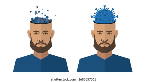 Coronavirus In Our Heads, Propaganda, Media Influence. Man With A Cut In His Head, A Virus In His Head. Coronavirus (2019-nCoV). Virus Covid 19-NCP