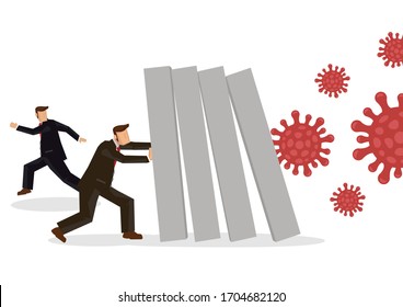 Coronavirus outbreak cause a domino effect on financial crisis. Company business economic collapse concept. Businessman pushing bar graph falling. Vector illustration.