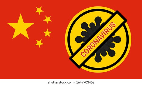 Coronavirus outbreak in China. Biological contamination warning poster. 2019-nCoV virus and stop sign on the red flag of China. Infographics. Vector illustration